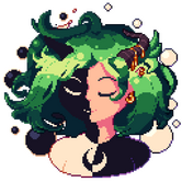 A person with green hair in a blue space-themed jacket.